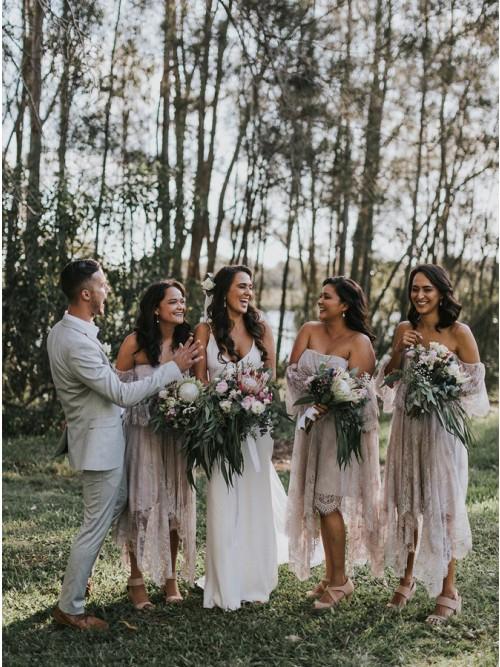 A-Line Off-the-Shoulder 3/4 Sleeves Asymmetry Blush Lace Bridesmaid Dress DMR94