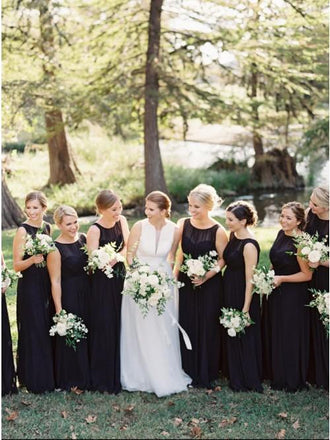 A-Line Round Neck Floor-Length Navy Blue Chiffon Bridesmaid Dress DMR93