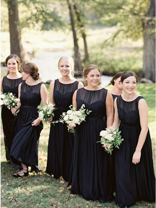 A-Line Round Neck Floor-Length Navy Blue Chiffon Bridesmaid Dress DMR93