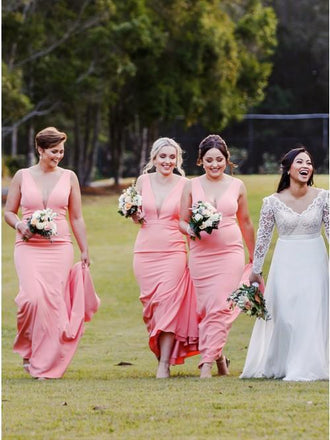 Mermaid V-Neck Sweep Train Pink Satin Simple Bridesmaid Dress DMR28