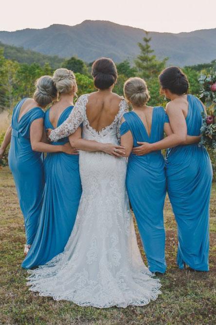 Sheath V-Neck Cold Shoulder Floor-Length Blue Ruched Bridesmaid Dress DMR32