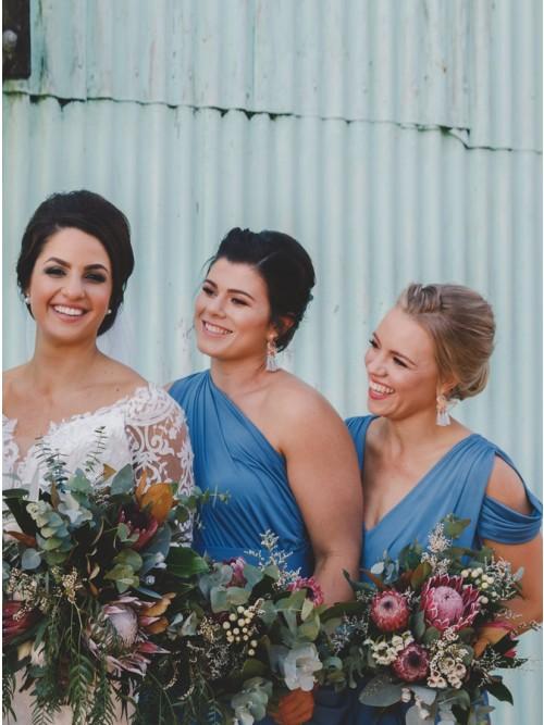 Sheath V-Neck Cold Shoulder Floor-Length Blue Ruched Bridesmaid Dress DMR32