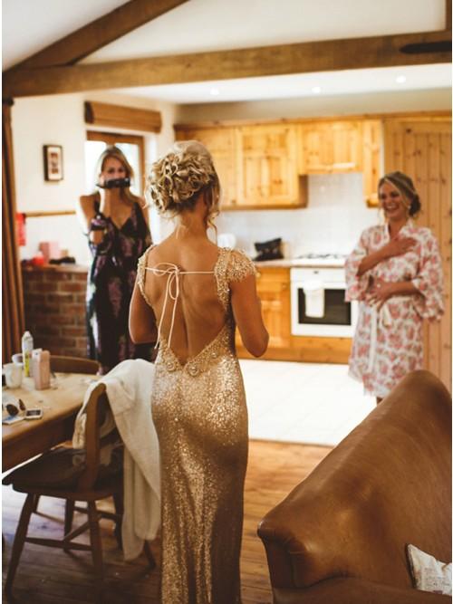 Sheath Round Neck Backless Rose Gold Sequin Long Bridesmaid Dress DMR29