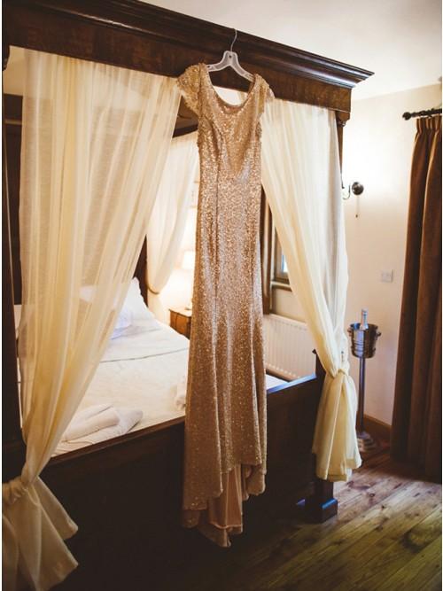 Sheath Round Neck Backless Rose Gold Sequin Long Bridesmaid Dress DMR29
