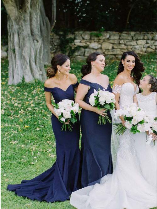 Mermaid Off-the-Shoulder Sweep Train Dark Blue Satin Bridesmaid Dress DMR30