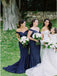Mermaid Off-the-Shoulder Sweep Train Dark Blue Satin Bridesmaid Dress DMR30