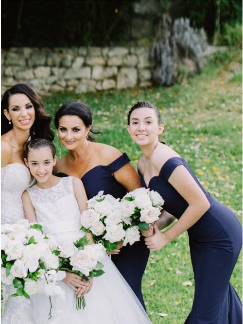 Mermaid Off-the-Shoulder Sweep Train Dark Blue Satin Bridesmaid Dress DMR30