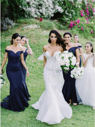 Mermaid Off-the-Shoulder Sweep Train Dark Blue Satin Bridesmaid Dress DMR30