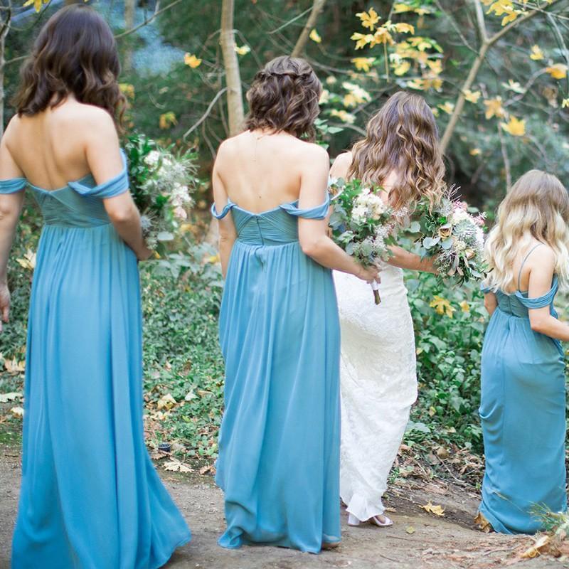 A-Line Off-the-Shoulder Sky Blue Chiffon Long Bridesmaid Dresses DMG60
