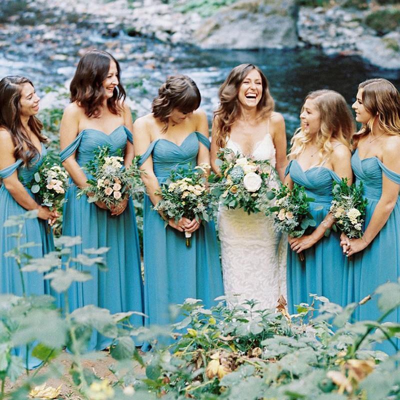 A-Line Off-the-Shoulder Sky Blue Chiffon Long Bridesmaid Dresses DMG60