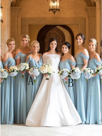 A-Line Cold Shoulder Long Light Blue Chiffon Bridesmaid Dress with Ruffles DMR96