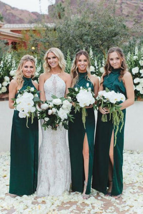 Sheath High Neck Floor-Length Dark Green Long Bridesmaid Dress with Split DMR91