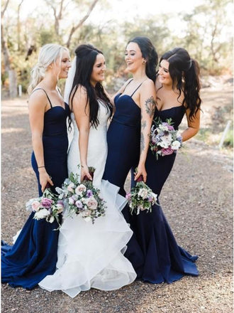 Mermaid Spaghetti Straps Sweep Train Navy Blue Long Bridesmaid Dress DMR25