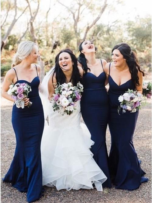 Mermaid Spaghetti Straps Sweep Train Navy Blue Long Bridesmaid Dress DMR25