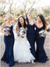 Mermaid Spaghetti Straps Sweep Train Navy Blue Long Bridesmaid Dress DMR25