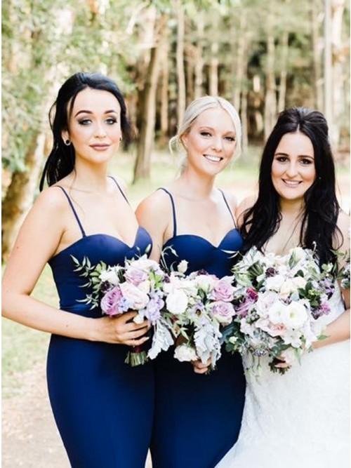 Mermaid Spaghetti Straps Sweep Train Navy Blue Long Bridesmaid Dress DMR25