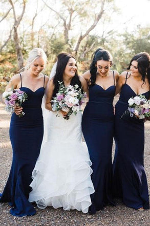 Mermaid Spaghetti Straps Sweep Train Navy Blue Long Bridesmaid Dress DMR25