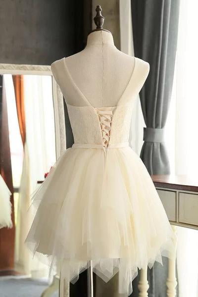 Mini Charming Tulle Short Ivory Backless Prom Dresses Homecoming Dresses For Girls DM307