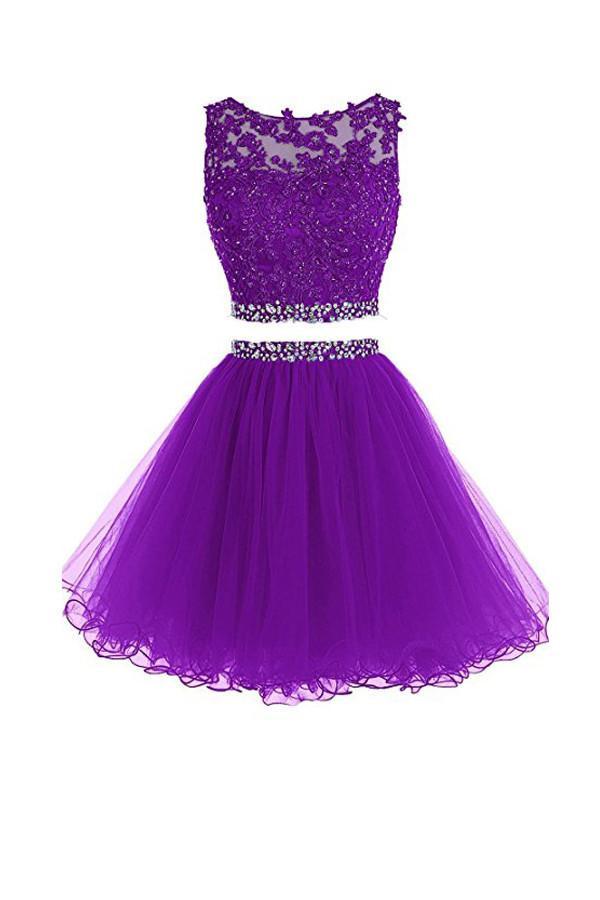 Two Pieces A Line Tulle Applique Short Homecoming/Prom Dresses With Beads DM341