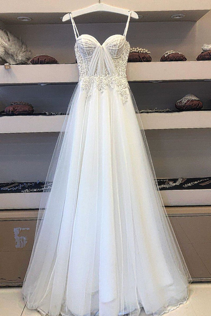 White Spaghetti Straps Tulle Lace Appliques Long Prom Dress Evening Dress DMS64