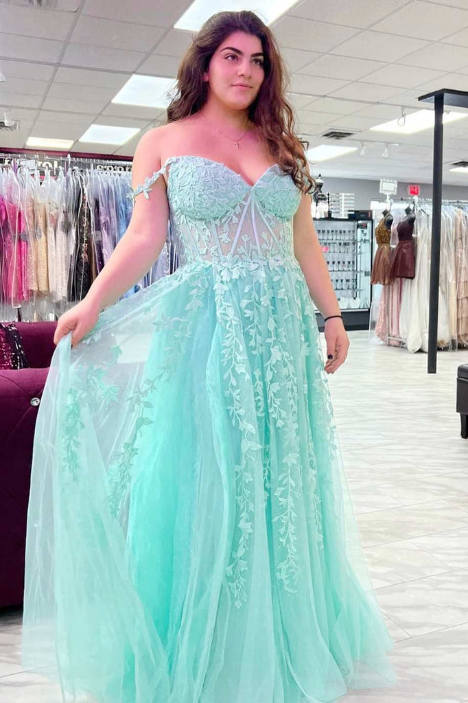 Chic Tulle Floral Lace Off-the-Shoulder A-Line Prom Dress Evening Gown DMP282