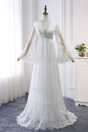 A Line V Neck Long Sleeves Lace Tulle Boho Wedding Dresses Beach Bridal Dress DMW45