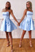 Simple Blue Satin Short Prom Dress, Spaghetti Straps Homecoming Dress DMP36
