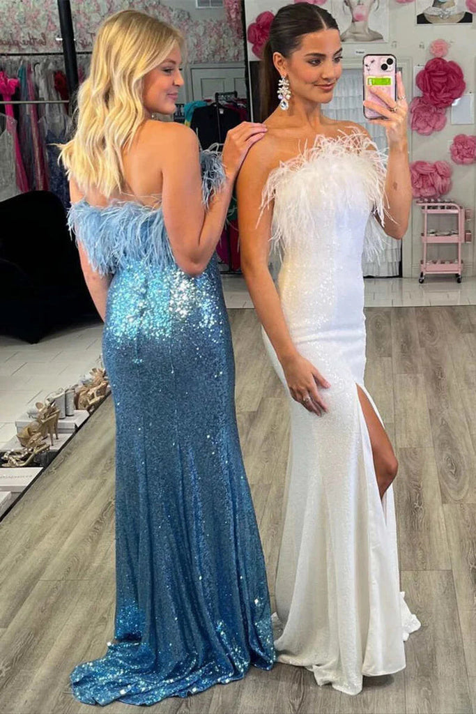 Sequin Feather Strapless Long Formal Evening Gown with Slit Prom Dress DM1892