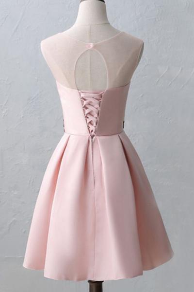 A Line Knee-Length Open Back Pink Satin Homecoming Dress With Flower Appliques DM384