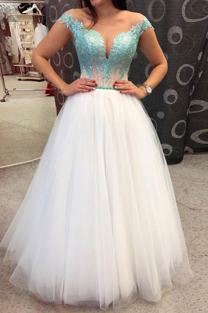 Off White Tulle Lace Appliques Long Prom Dress A Line Evening Dress DMS622