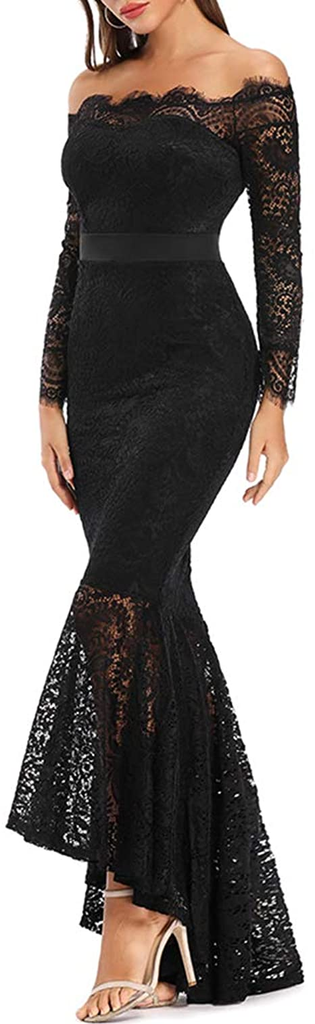 Mermaid Black Elegant Off the Shoulder Long Lace Long Sleeves Sexy Prom Dress DM141