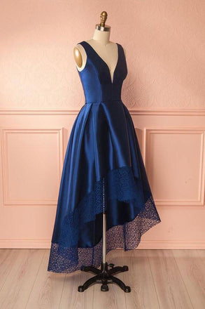 Dark Blue A Line Satin Lace V Neck High-low Bridesmaid Dress,Simple Prom Dresses DM239