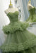 Princess Spaghetti Straps Green Tulle Long Ball Gown Prom Dress A line Tiered Formal Dress DMP230