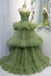 Princess Spaghetti Straps Green Tulle Long Ball Gown Prom Dress A line Tiered Formal Dress DMP230