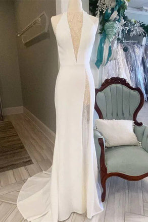 Off White Halter Backless Mermaid Long Wedding Dress Elegant Bridal Dresses DM1908