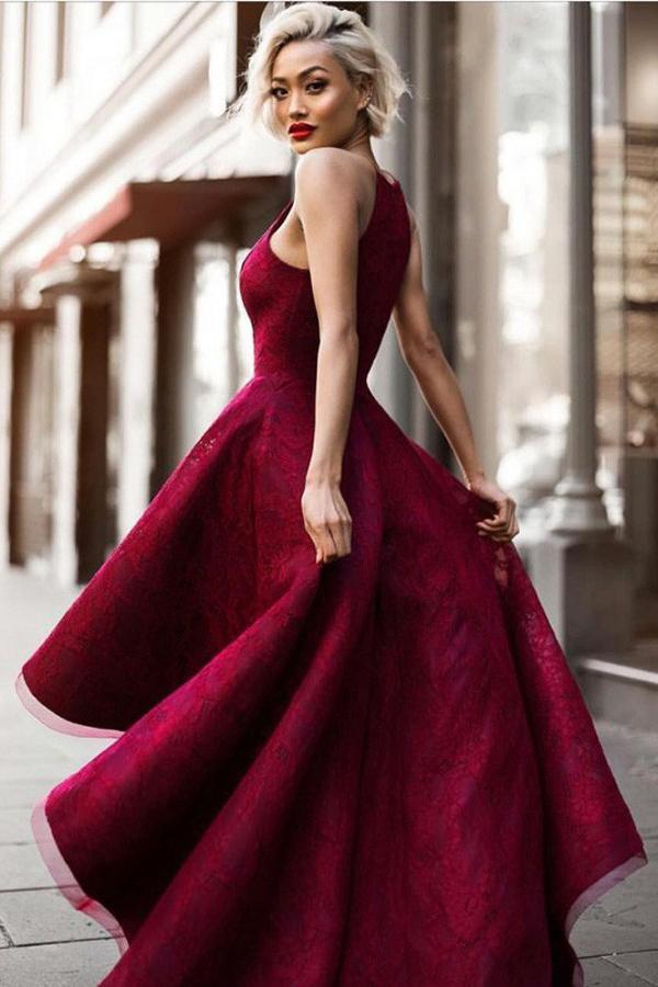 Charming Burgundy A Line Asymmetrical Lace Sleeveless Long Prom Dress DMA24