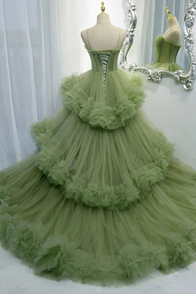 Princess Spaghetti Straps Green Tulle Long Ball Gown Prom Dress A line Tiered Formal Dress DMP230