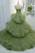 Princess Spaghetti Straps Green Tulle Long Ball Gown Prom Dress A line Tiered Formal Dress DMP230