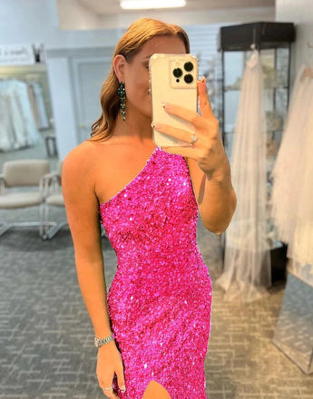 Fuchsia Mermaid One Shoulder Prom Dresses With Slit Sequin Evening Dress DMP154