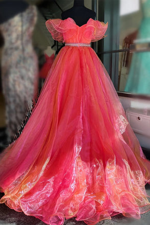 Coral Off-the-Shoulder Organza Ruffle Hi-Low Prom Dress Evening Gown DMP313