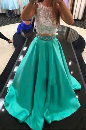 Two Pieces Lace Beading Satin Long Handmade Simple Green Prom Dresses K725
