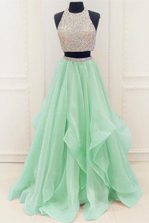 Two Pieces Mint Beading O-neckline Elegant Beauty Prom Dresses K698