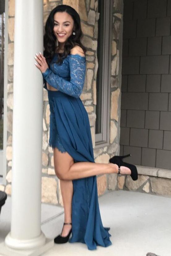 Sexy Dark Teal Two Piece Off the Shoulder Long Sleeves Lace Chiffon Prom Dress DMA45