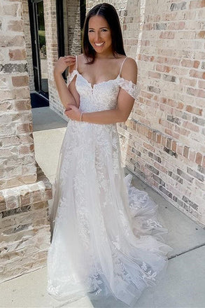 Cold-Shoulder A Line Off White Lace Appliques Long Wedding Dress DM1905