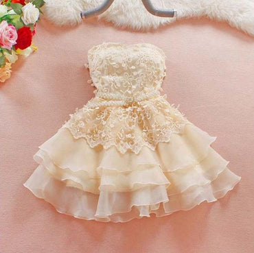 Cute A-Line Short Sweetheart Homecoming Dresses,Lace Short Strapless Summer Prom Dresses DM410