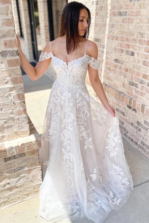 Cold-Shoulder A Line Off White Lace Appliques Long Wedding Dress DM1905
