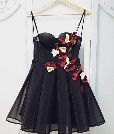 Black Tulle Sweetheart Neck Short Prom Dress, Flowers Homecoming Dress DMP57