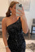 One-Shoulder Black Sequins Tight Backless Mini Homecoming Dresses DMHD23