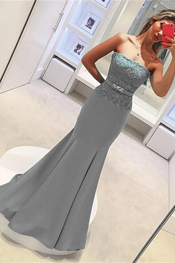 Strapless Lace Satin Elegant Sheath Long Mermaid Simple Prom Dresses K720