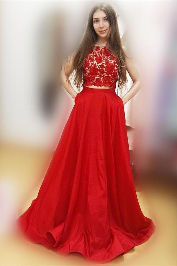 Red Two Pieces Lace Satin A-line Cap Sleeveless Long Party Prom Dresses K752